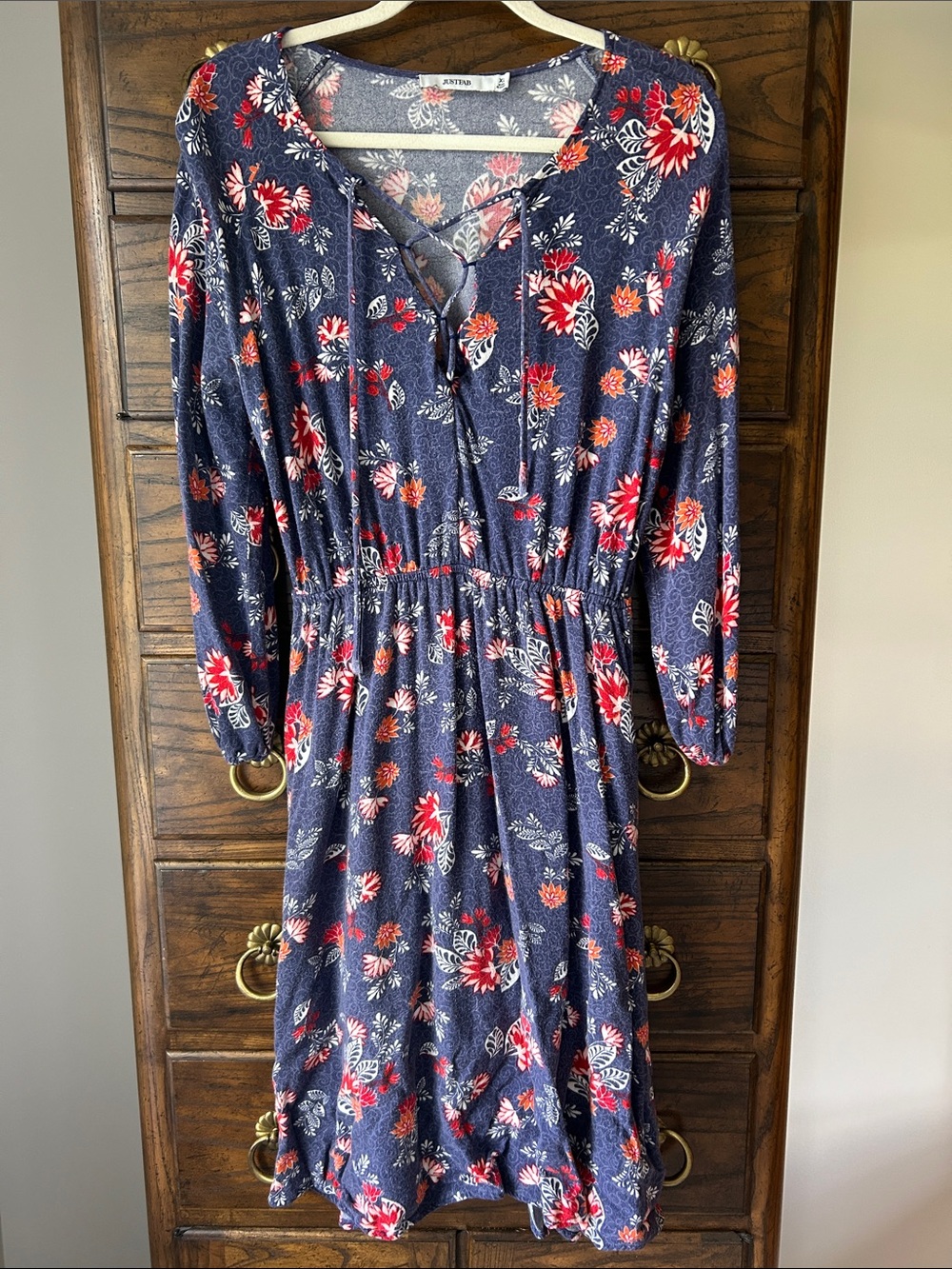 JustFab Navy Floral Tie-Front Long-Sleeve Dress, Size XL